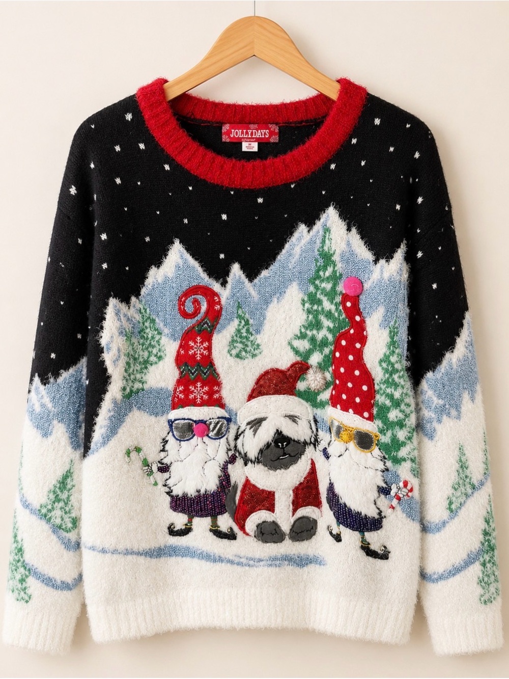 Women's Black & White Holiday Crewneck Sweater with Red Trim